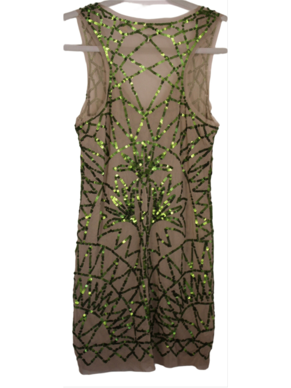 Chelsea & Violet Green Sequin Sheer Mesh Mini Dress Tan Art Deco Festival Small - Picture 2 of 7